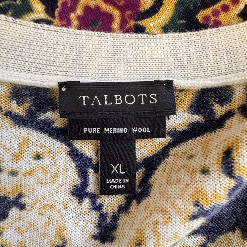 Talbots Cardigan Sweater XL Pure Merino Wool Soft Knit Floral Gold Buttons - Picture 7 of 9